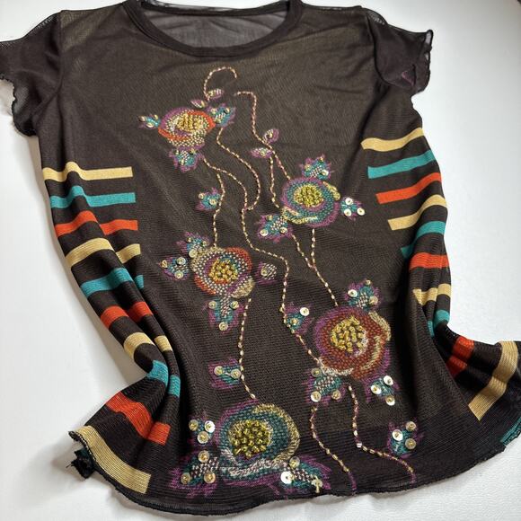 Brown Sheer Mesh Beaded Floral Embroidered Striped Y2K Boho Festival Top S - Picture 5 of 11